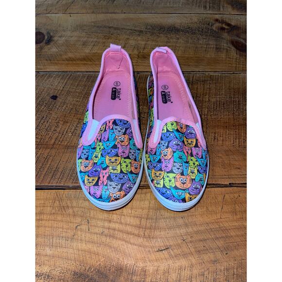 Girls Take A Walk Pink‎ Cat Graphic Print Slip On Flat Sneakers Size 6 - Picture 1 of 6